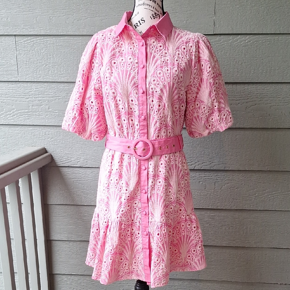 Gingham & Heels Pink Eyelet Puff Sleeve Buttondown Mini Dress Size 12